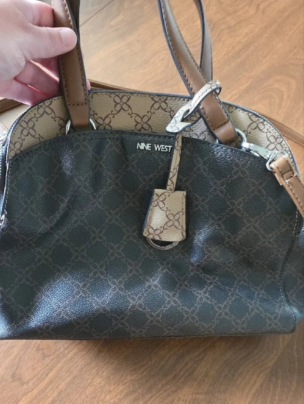 Nine West Brown and Tan Monogram Satchel with Shoulder Strap